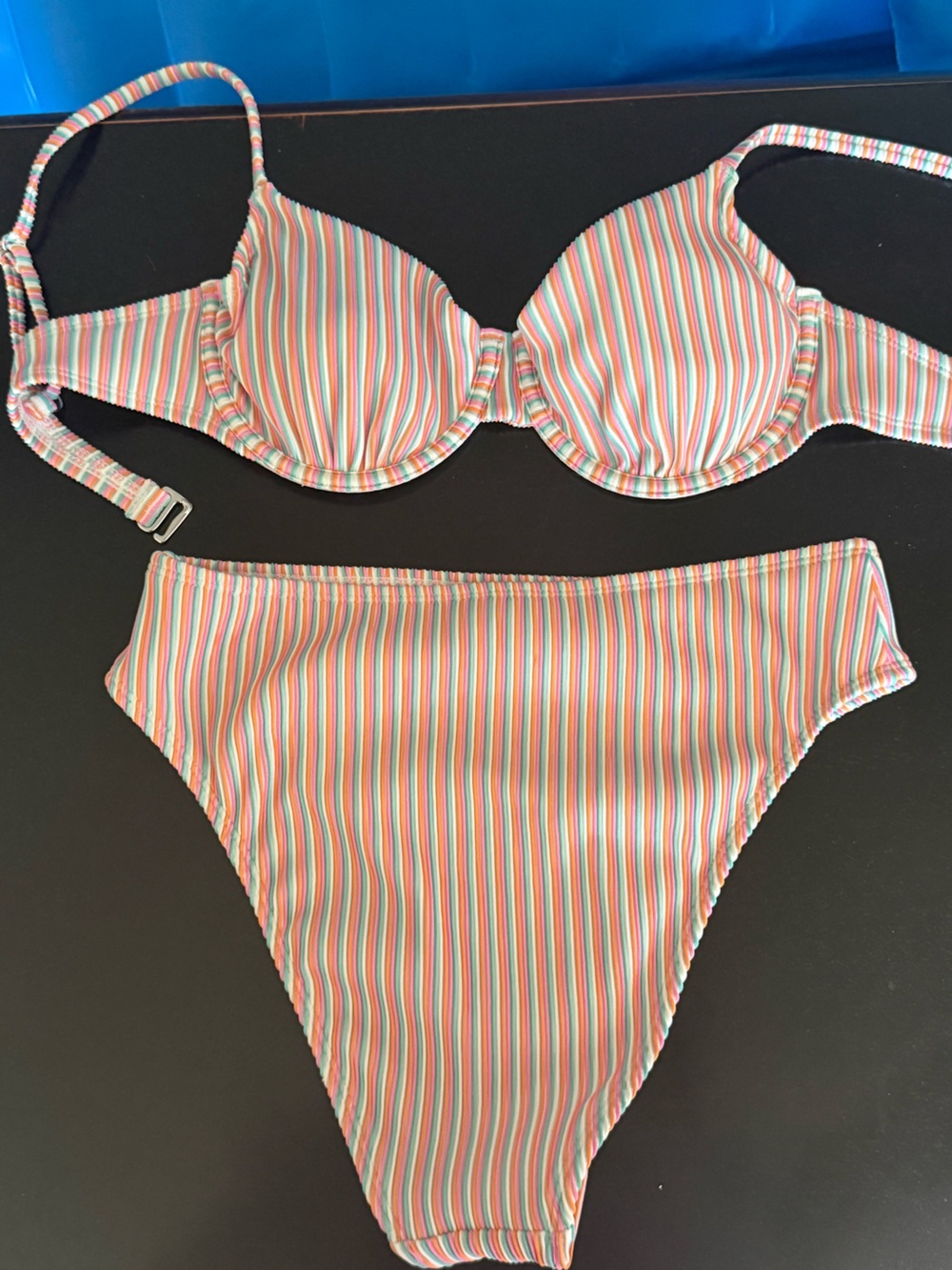 No Boundaries Coral, Mint & White Striped Bikini Set